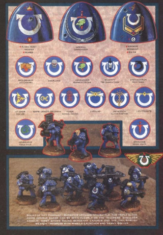 Space Marine armorials above with painted miniatures below