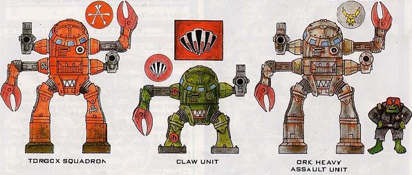 Ork Dreadnought flanked by two Ork Heavy Dreadnoughts